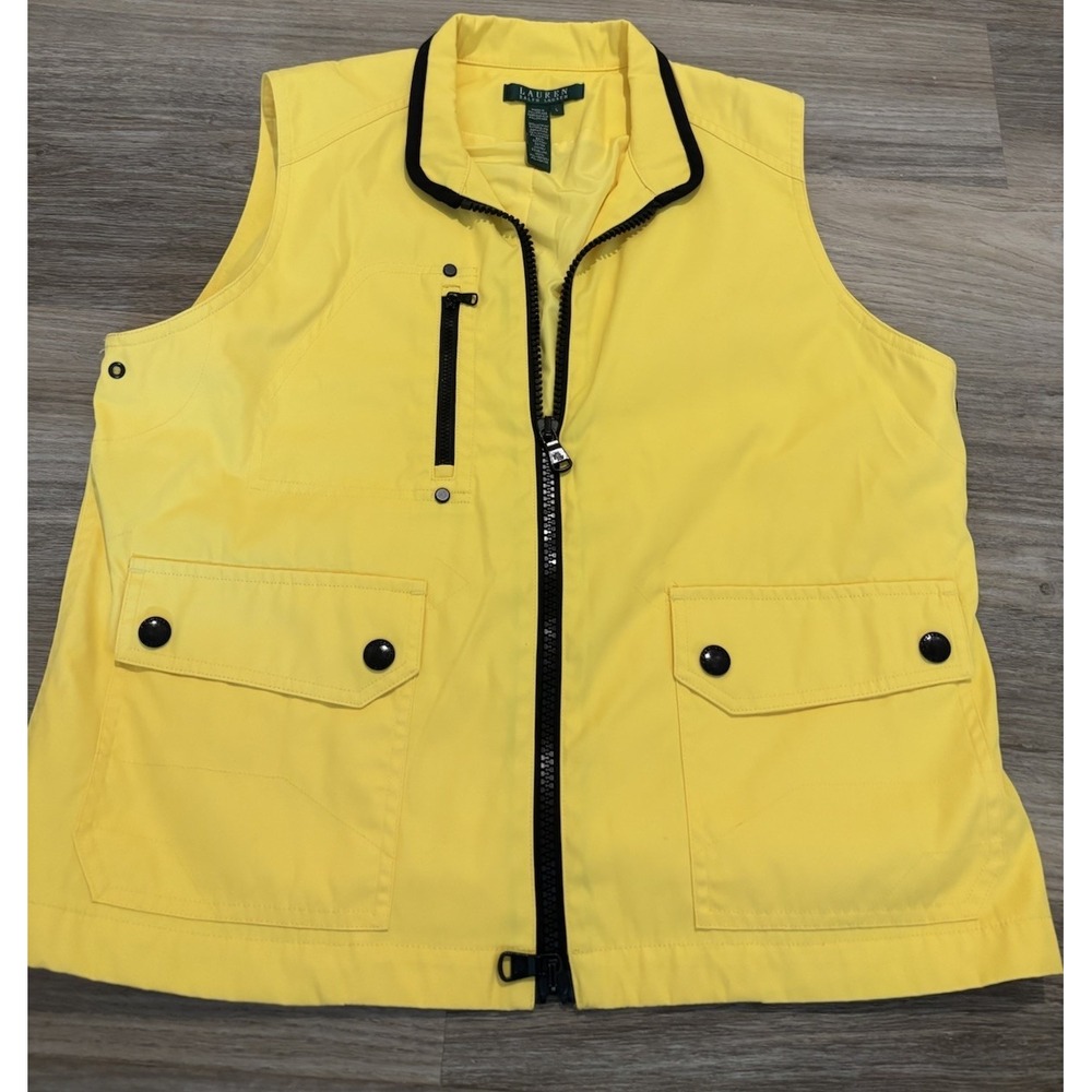 Lauren Ralph Lauren Yellow Cotton Blend Utility Vest Large LRL Full Zip Pocket
